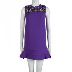 Miu Miu Purple Metal Flower Embellished Sleeveless Wool Dress S