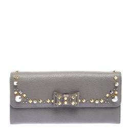 Miu Miu Grey Leather Bow Embellished Continental Wallet