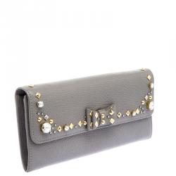 Miu Miu Grey Leather Bow Embellished Continental Wallet