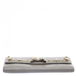 Miu Miu Grey Leather Bow Embellished Continental Wallet