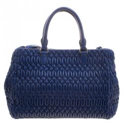 Pre Owned Miu Miu Blue Matelasse Leather Top Handle Bag