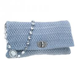 Pre Owned Miu Miu Light Blue Leather Crystal Matelasse Shoulder Bag
