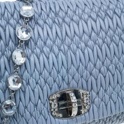 Pre Owned Miu Miu Light Blue Leather Crystal Matelasse Shoulder Bag