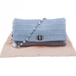 Pre Owned Miu Miu Light Blue Leather Crystal Matelasse Shoulder Bag