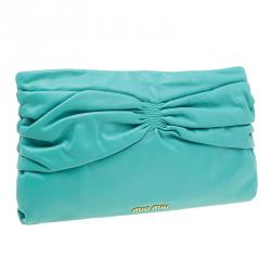 Pre Owned Miu Miu Tourqouis Leather Ruched Clutch