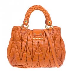 Miu Miu Orange Leather Small Matelasse Tote Shoulder Bag