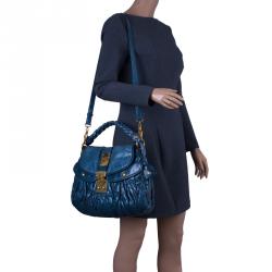 Pre Owned Miu Miu Denim Blue Leather Matelasse Hobo Bag