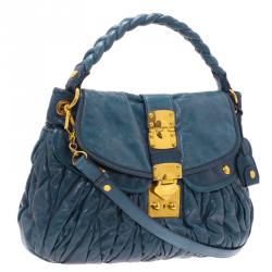 Pre Owned Miu Miu Denim Blue Leather Matelasse Hobo Bag