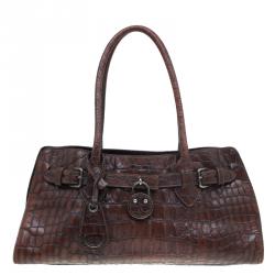 Miu Miu Brown Croc Embossed Leather Vintage Tote