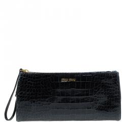 Pre Owned  Miu Miu Black Croc Embossed Patent Leather St. Cocco Clutch