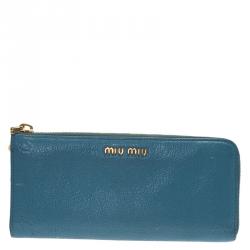 Miu Miu Light Blue Leather Zip Around Wallet