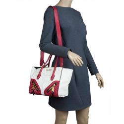 Pre Owned Miu Miu Off White/Red Matelasse Leather Biker Tote