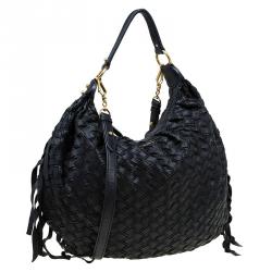 Miu Miu  Black Woven Leather Fringe Hobo
