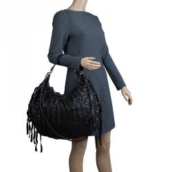 Miu Miu  Black Woven Leather Fringe Hobo