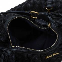 Miu Miu  Black Woven Leather Fringe Hobo