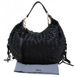 Miu Miu  Black Woven Leather Fringe Hobo