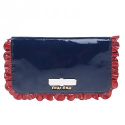 Pre Owned Miu Miu Navy Blue Patent Leather Ruffle Zip Around Wallet