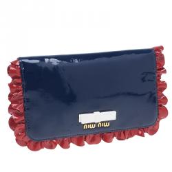 Pre Owned Miu Miu Navy Blue Patent Leather Ruffle Zip Around Wallet