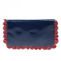 Pre Owned Miu Miu Navy Blue Patent Leather Ruffle Zip Around Wallet
