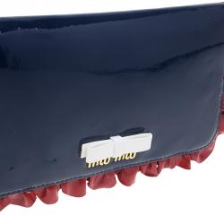 Pre Owned Miu Miu Navy Blue Patent Leather Ruffle Zip Around Wallet