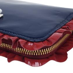 Pre Owned Miu Miu Navy Blue Patent Leather Ruffle Zip Around Wallet