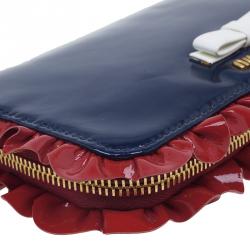 Pre Owned Miu Miu Navy Blue Patent Leather Ruffle Zip Around Wallet