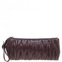 Pre Owned Miu Miu Brown Matelasse Lux Leather Wristlet Clutch 