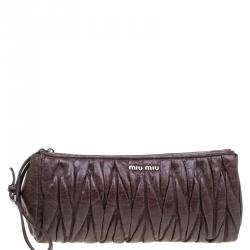 Pre Owned Miu Miu Brown Matelasse Lux Leather Wristlet Clutch 