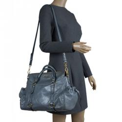 Pre Owned Miu Miu Blue Vitello Glazed Leather Bauletto Tote