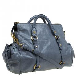 Pre Owned Miu Miu Blue Vitello Glazed Leather Bauletto Tote