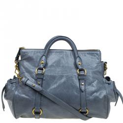 Pre Owned Miu Miu Blue Vitello Glazed Leather Bauletto Tote