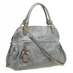 Miu Miu Light Green Leather Lily Distressed Satchel