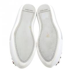 Pre Owned Miu Miu White Perforated Leather Crystal Embellished Cap Toe Sneakers Size 39