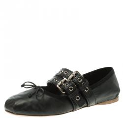 Pre Owned حذاء فلات باليه ميو ميو ملتف حول الكاحل جلد أسود مقاس 39