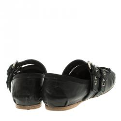 Pre Owned حذاء فلات باليه ميو ميو ملتف حول الكاحل جلد أسود مقاس 39