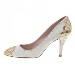 Pre Owned Miu Miu White and Gold Floral Brogue Pumps Size 41