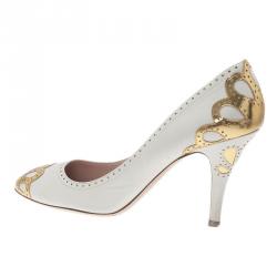 Pre Owned Miu Miu White and Gold Floral Brogue Pumps Size 41