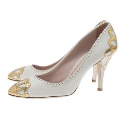 Pre Owned Miu Miu White and Gold Floral Brogue Pumps Size 41