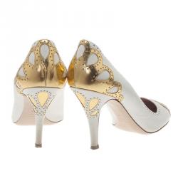 Pre Owned Miu Miu White and Gold Floral Brogue Pumps Size 41