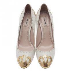 Pre Owned Miu Miu White and Gold Floral Brogue Pumps Size 41