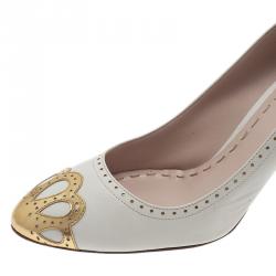 Pre Owned Miu Miu White and Gold Floral Brogue Pumps Size 41