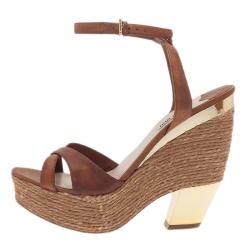 Pre Owned Miu Miu Brown Leather and Jute Strappy Espadrille Wedge Sandals Size 40