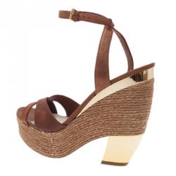 Pre Owned Miu Miu Brown Leather and Jute Strappy Espadrille Wedge Sandals Size 40