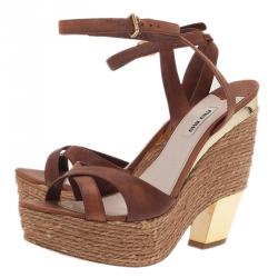Pre Owned Miu Miu Brown Leather and Jute Strappy Espadrille Wedge Sandals Size 40