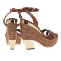 Pre Owned Miu Miu Brown Leather and Jute Strappy Espadrille Wedge Sandals Size 40