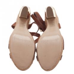 Pre Owned Miu Miu Brown Leather and Jute Strappy Espadrille Wedge Sandals Size 40