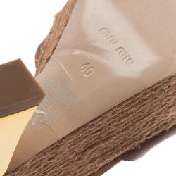 Pre Owned Miu Miu Brown Leather and Jute Strappy Espadrille Wedge Sandals Size 40