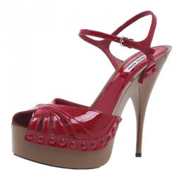 Pre Owned Miu Miu Red Patent Ankle Strap Platform Sandals Size 39