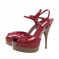 Pre Owned Miu Miu Red Patent Ankle Strap Platform Sandals Size 39