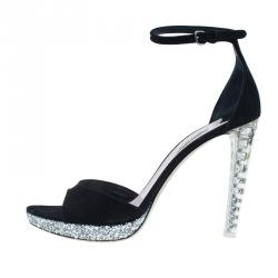 Pre Owned صندل ميو ميو جلد سويدي أسود كعب كريستال وحزام للكاحل مقاس 41